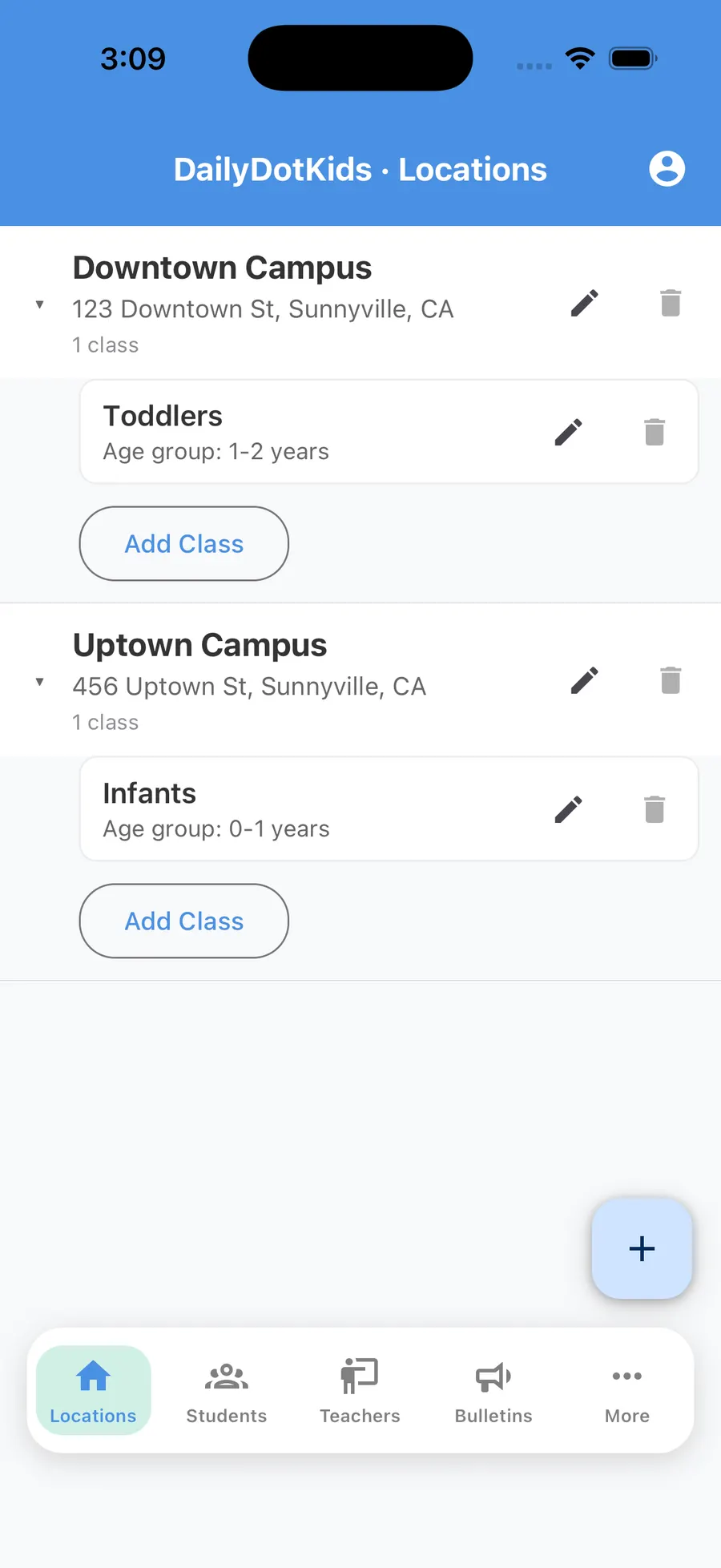 Admin locations list across multiple buildings
