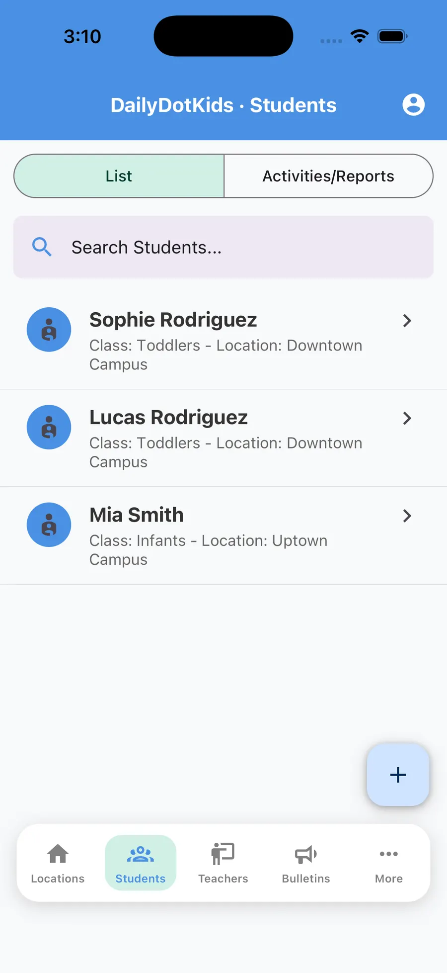 Admin student roster with class and location assignments