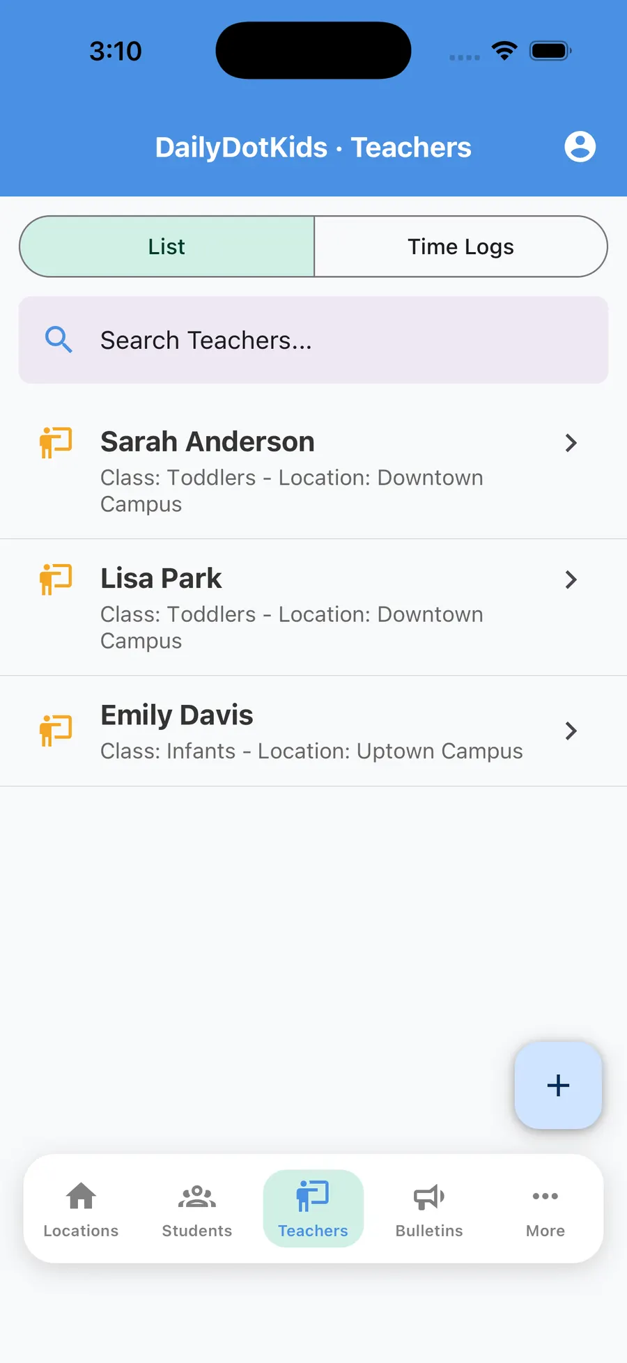 Admin teacher list with time logs