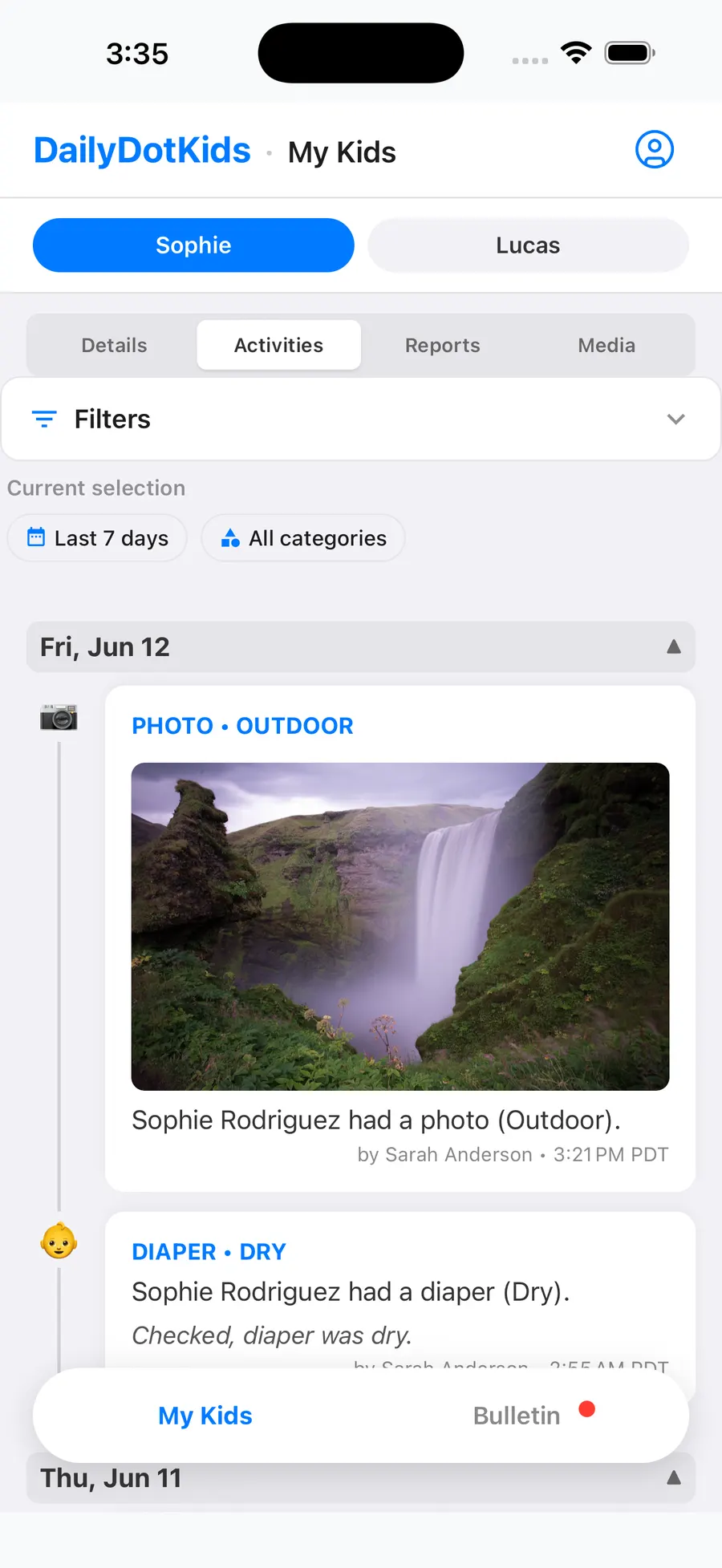 Parent live activity feed with daily reports toggle