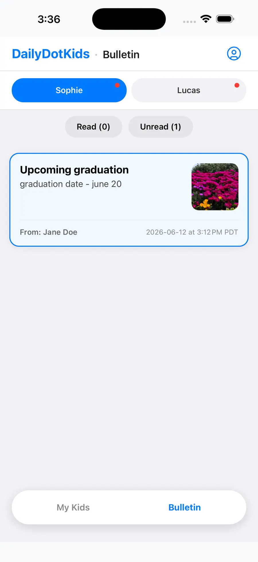 Parent bulletin and announcements inbox