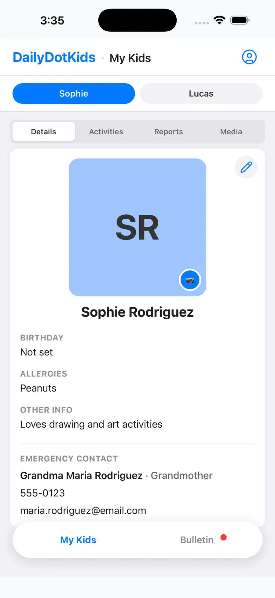 Parent child profiles with allergies and emergency info