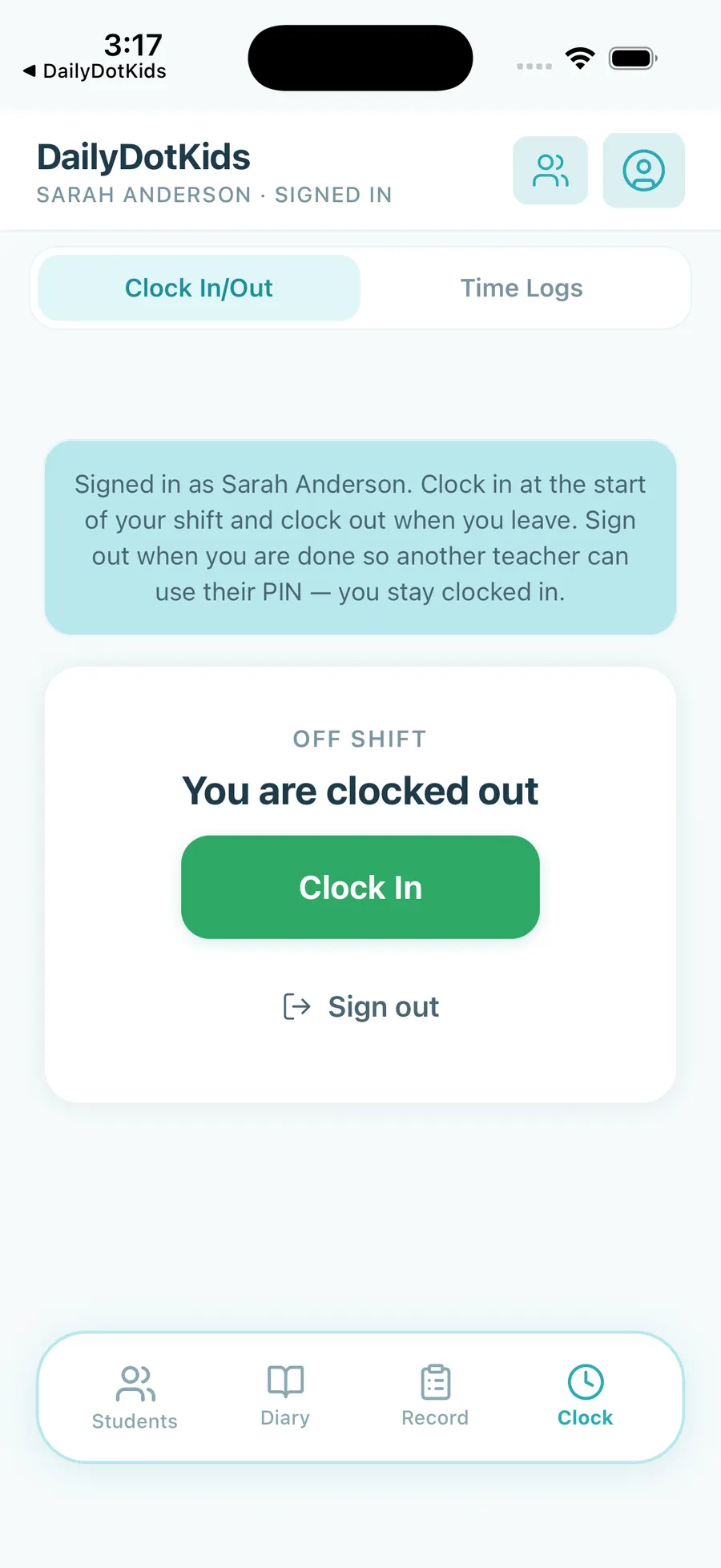 Teacher clock in and clock out screen