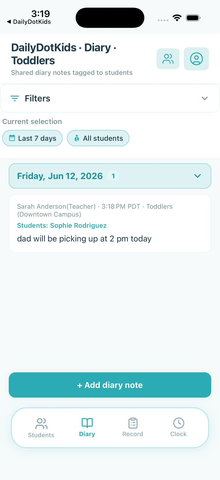 Teacher class diary with student-tagged notes