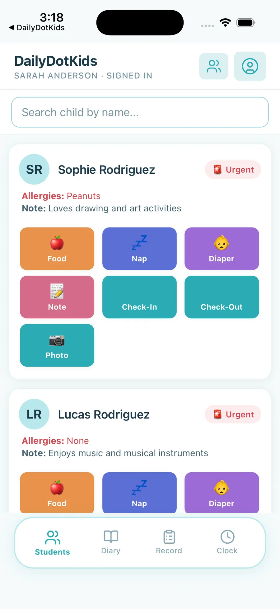 Teacher app class roster with one-tap buttons for meals, naps, check-in, and photos